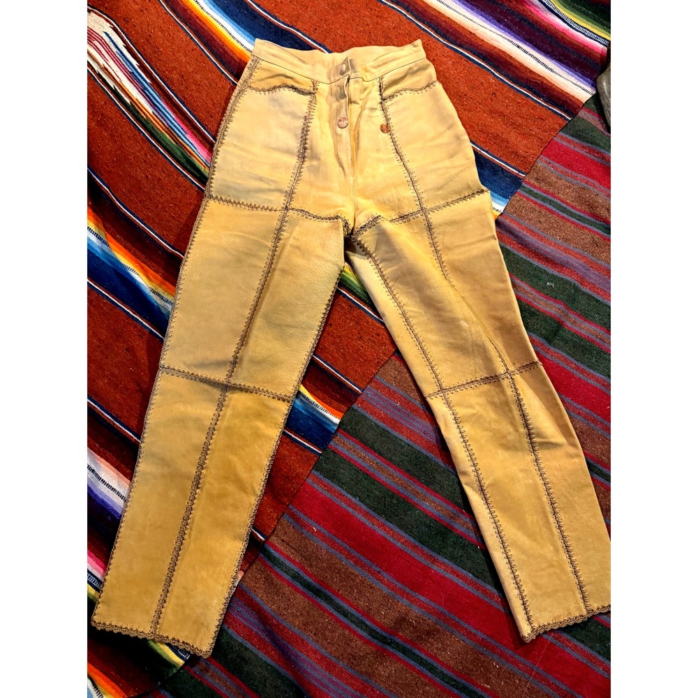 Vintage S.M.H. Khaki Colored Patchwork Suede Leather Pants Crochet Trim Sz 6